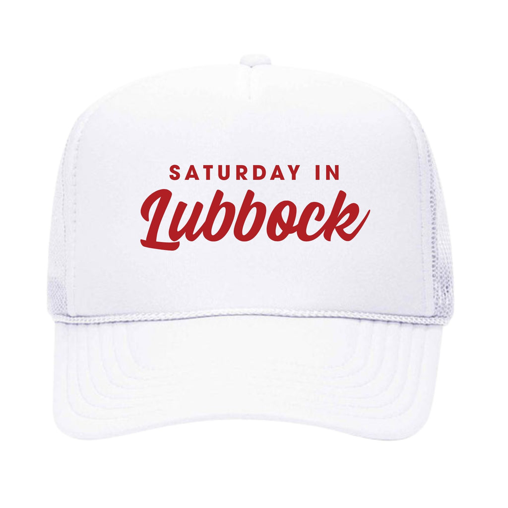 A white trucker hat from our gameday collection that reads 
