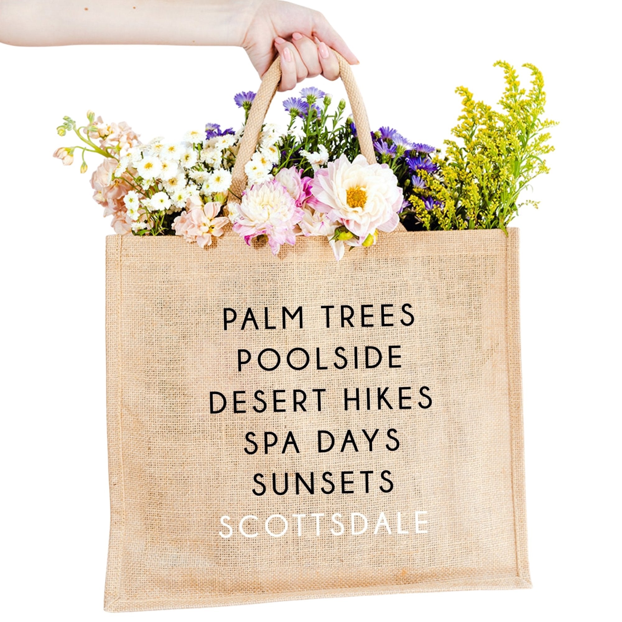 A jute carryall tote customized with sayings about Scottsdale
