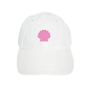 A white baseball hat is customized with a pink seashell design.