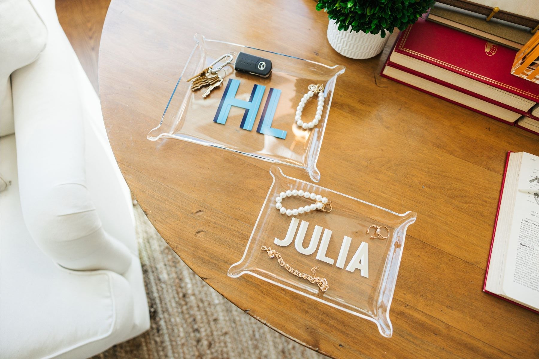 A small and large acrylic tray are personalized with fun color combinations.