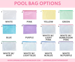 A graphic that shows off the color options of pool bags which can be customized.