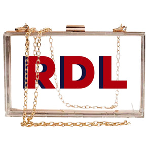 Clear stadium bag with gold chain and red-blue “RDL” shadow monogram – Shadow Monogram Stadium Bag