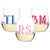Three wine glasses with different colored shadow monograms