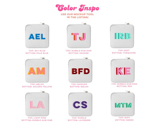A group of white jewelry cases are customized with different color monograms for color inspiration