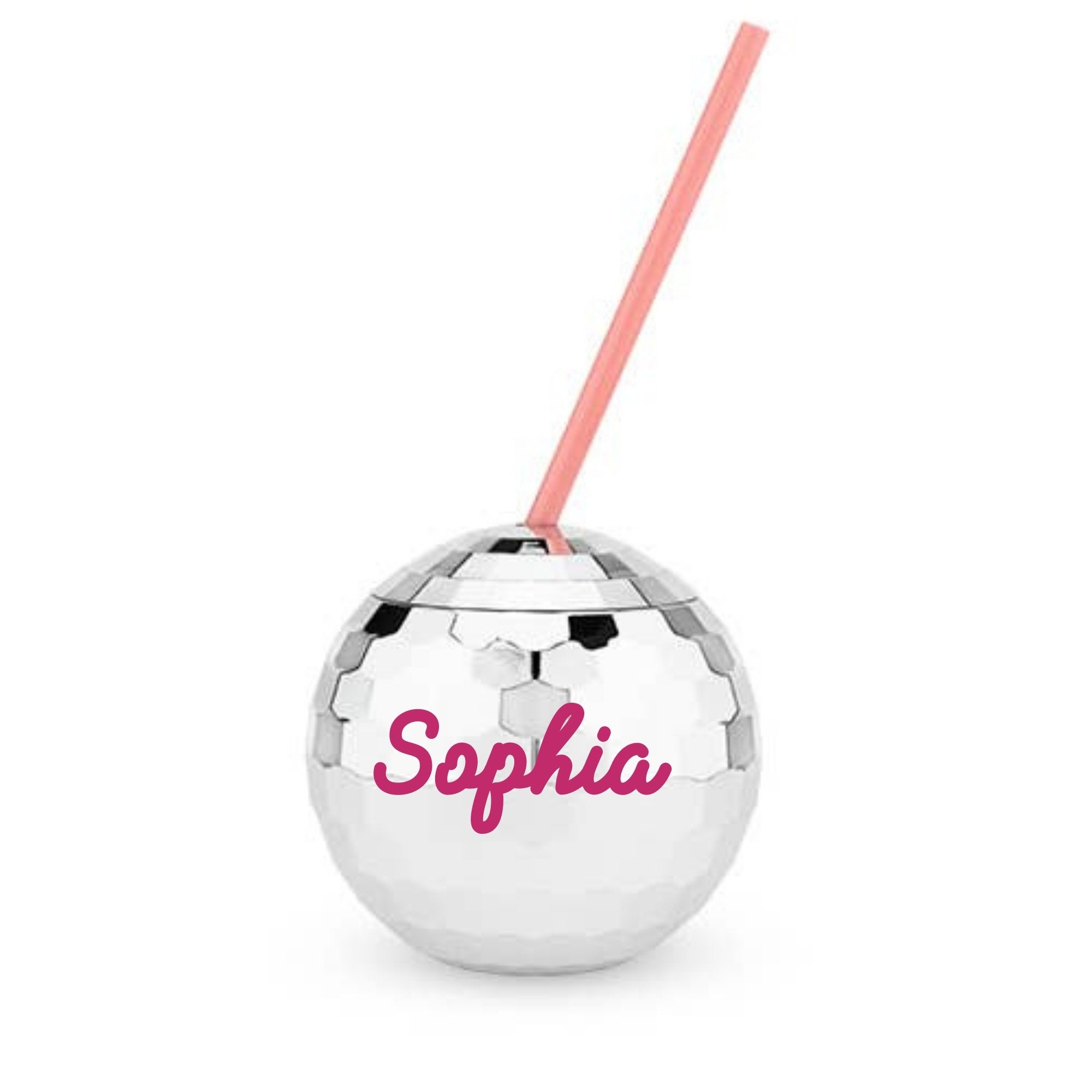 A silver disco ball tumbler that reads "Sophia" in pink script