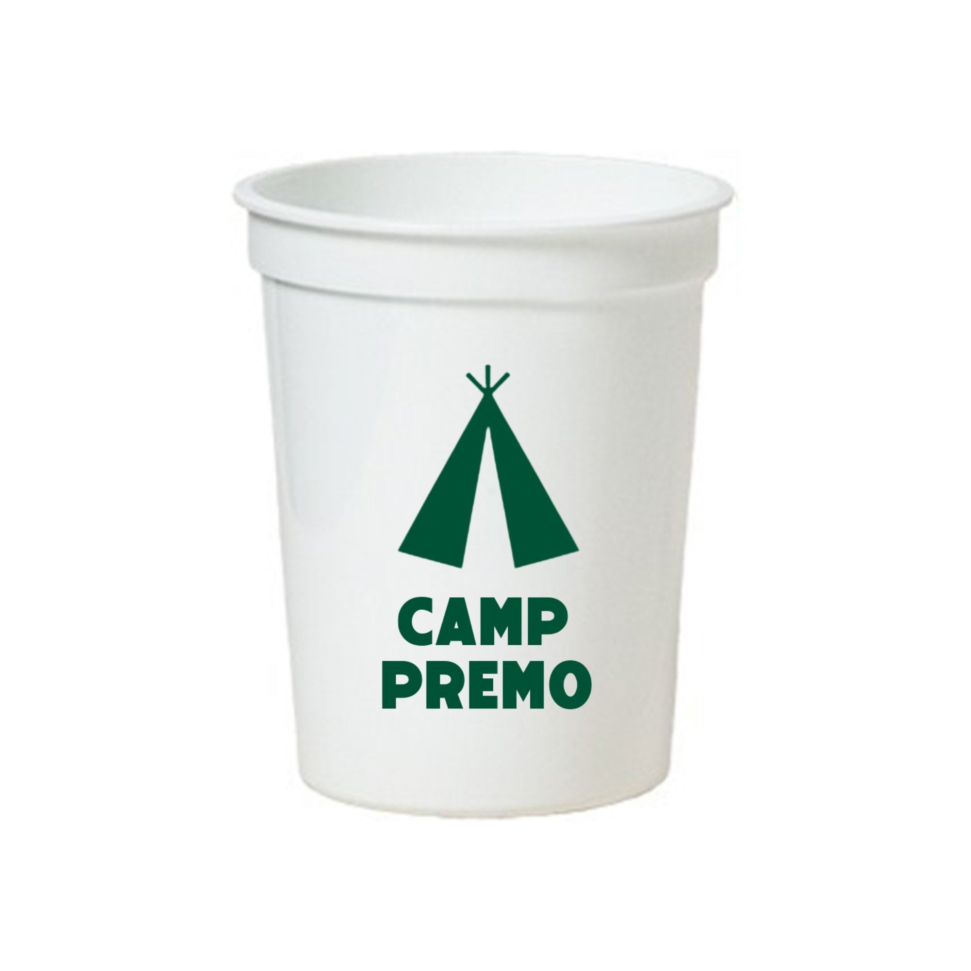 A white stadium cup reads "Camp Premo" with a tent icon
