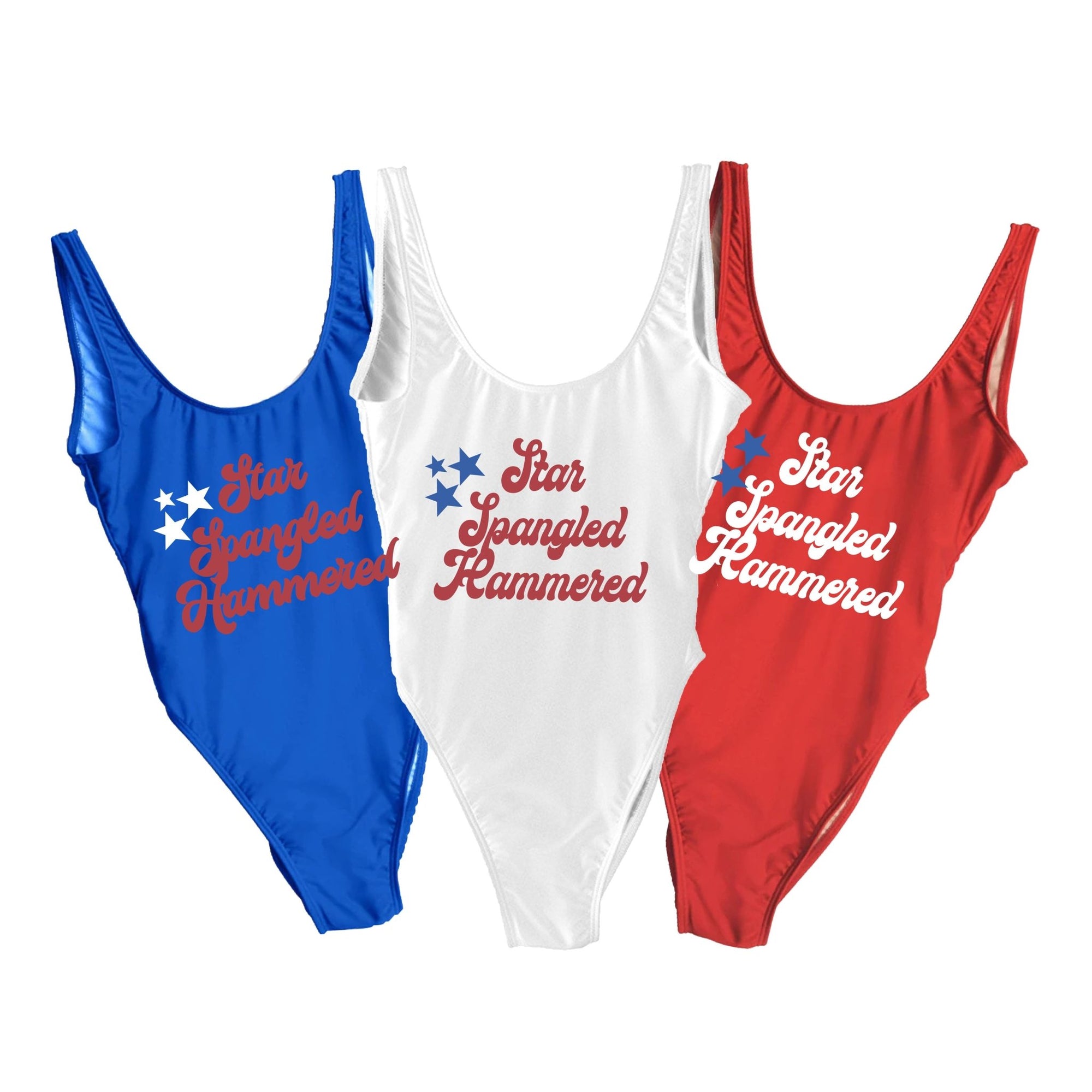 Red, white, and blue swimsuits that read "Star Spangled Hammered"