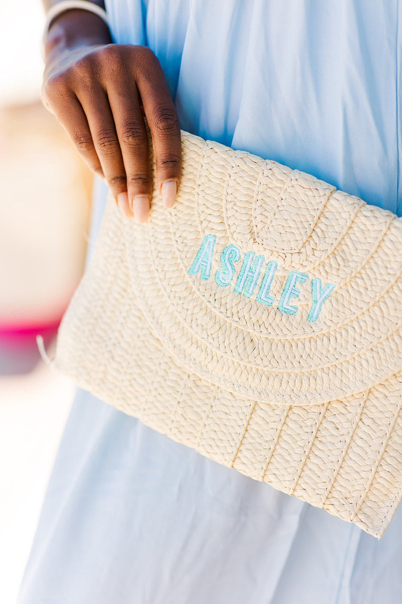 Straw Clutch , Embroidered Monogram - Sprinkled With Pink #bachelorette #custom #gifts