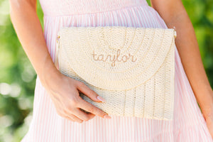Straw Clutch , Embroidered Monogram - Sprinkled With Pink #bachelorette #custom #gifts