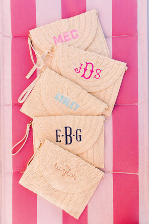 Straw Clutch , Embroidered Monogram - Sprinkled With Pink #bachelorette #custom #gifts