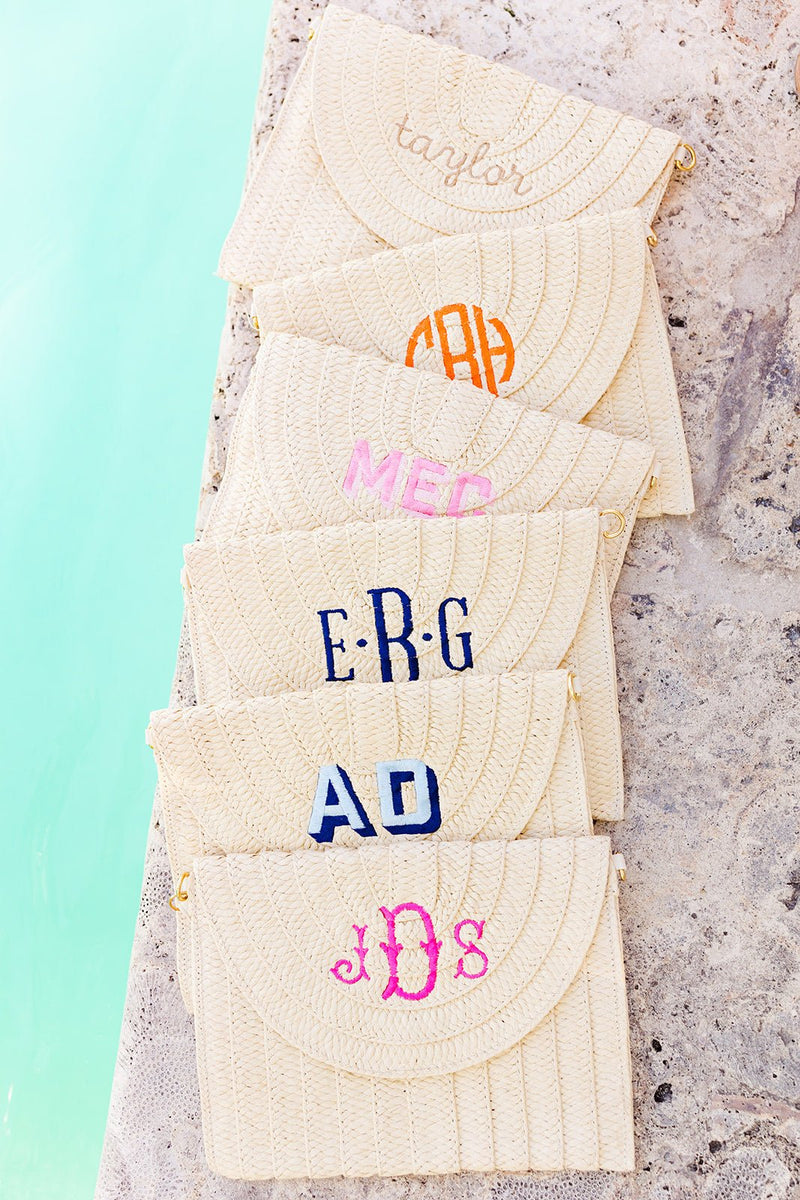 Straw Clutch , Embroidered Monogram - Sprinkled With Pink #bachelorette #custom #gifts