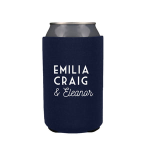 A navy can cooler is personalized with names