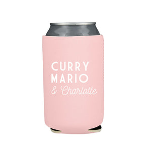 A pink can cooler is personalized with names