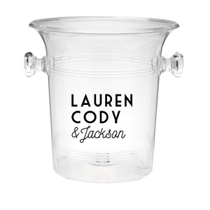 An ice bucket is customized with a 3 name design in black