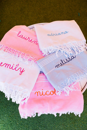 Turkish Towel, Embroidered Name/Monogram - Sprinkled With Pink #bachelorette #custom #gifts