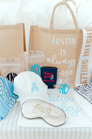 An assortment of products is laid out for a bachelorette party in Austin.
