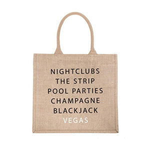 A jute carryall tote customized with sayings about Las Vegas