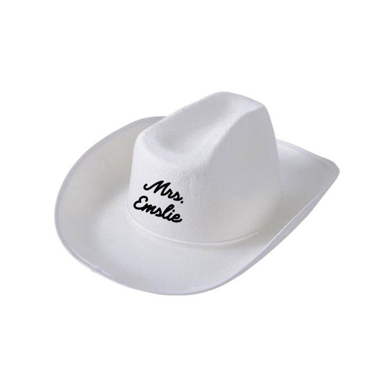 A white cowboy hat is customized with a last name.
