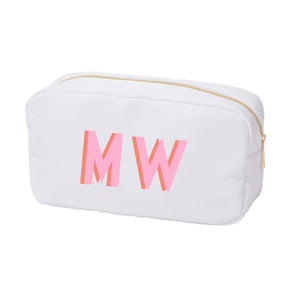 A white nylon pouch with "MW" monogrammed on the front in pink