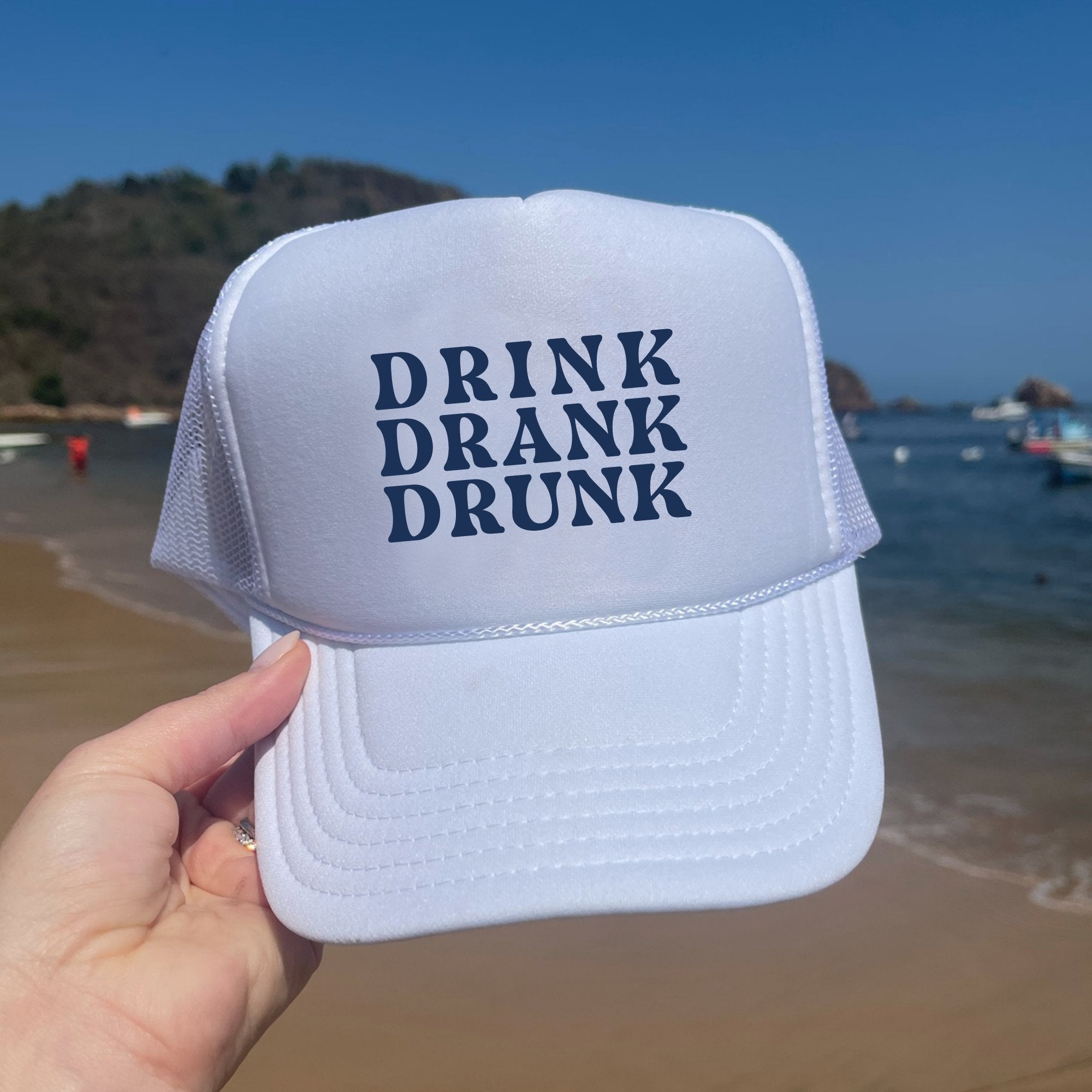 Drink Drank Drunk White Trucker Hat (White) - Sprinkled With Pink #bachelorette #custom #gifts